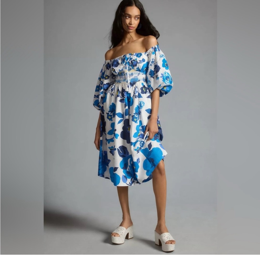 Anthropologie Plenty by Tracy Reese Off-The-Shoulder Puff-Sleeve Smocked Dress